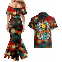 Singapore Merlion Couples Matching Mermaid Dress and Hawaiian Shirt with Graffiti Art Style and National Flag