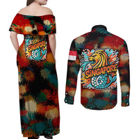Singapore Merlion Couples Matching Off Shoulder Maxi Dress and Long Sleeve Button Shirt with Graffiti Art Style and National Flag