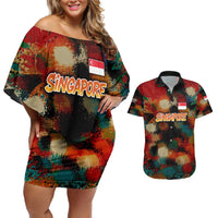 Singapore Merlion Couples Matching Off Shoulder Short Dress and Hawaiian Shirt with Graffiti Art Style and National Flag