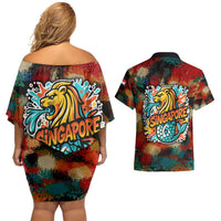 Singapore Merlion Couples Matching Off Shoulder Short Dress and Hawaiian Shirt with Graffiti Art Style and National Flag