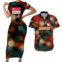 Singapore Merlion Couples Matching Short Sleeve Bodycon Dress and Hawaiian Shirt with Graffiti Art Style and National Flag