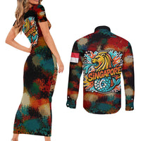 Singapore Merlion Couples Matching Short Sleeve Bodycon Dress and Long Sleeve Button Shirt with Graffiti Art Style and National Flag