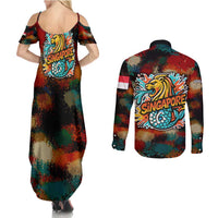 Singapore Merlion Couples Matching Summer Maxi Dress and Long Sleeve Button Shirt with Graffiti Art Style and National Flag