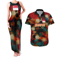Singapore Merlion Couples Matching Tank Maxi Dress and Hawaiian Shirt with Graffiti Art Style and National Flag