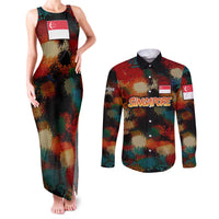 Singapore Merlion Couples Matching Tank Maxi Dress and Long Sleeve Button Shirt with Graffiti Art Style and National Flag