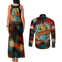 Singapore Merlion Couples Matching Tank Maxi Dress and Long Sleeve Button Shirt with Graffiti Art Style and National Flag
