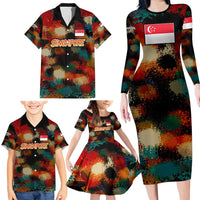 Singapore Merlion Family Matching Long Sleeve Bodycon Dress and Hawaiian Shirt with Graffiti Art Style and National Flag