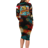 Singapore Merlion Family Matching Long Sleeve Bodycon Dress and Hawaiian Shirt with Graffiti Art Style and National Flag
