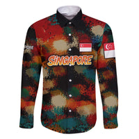 Singapore Merlion Family Matching Off The Shoulder Long Sleeve Dress and Hawaiian Shirt with Graffiti Art Style and National Flag