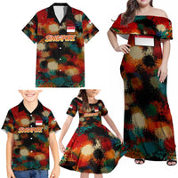 Singapore Merlion Family Matching Off Shoulder Maxi Dress and Hawaiian Shirt with Graffiti Art Style and National Flag