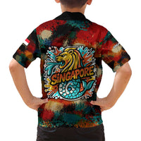 Singapore Merlion Family Matching Off Shoulder Short Dress and Hawaiian Shirt with Graffiti Art Style and National Flag