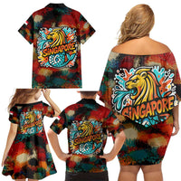 Singapore Merlion Family Matching Off Shoulder Short Dress and Hawaiian Shirt with Graffiti Art Style and National Flag