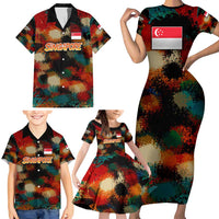 Singapore Merlion Family Matching Short Sleeve Bodycon Dress and Hawaiian Shirt with Graffiti Art Style and National Flag