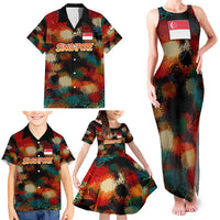Singapore Merlion Family Matching Tank Maxi Dress and Hawaiian Shirt with Graffiti Art Style and National Flag