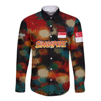 Singapore Merlion Long Sleeve Button Shirt with Graffiti Art Style and National Flag