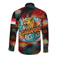 Singapore Merlion Long Sleeve Button Shirt with Graffiti Art Style and National Flag
