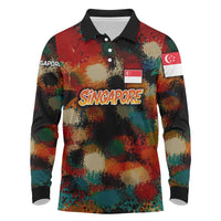 Singapore Merlion Long Sleeve Polo Shirt with Graffiti Art Style and National Flag