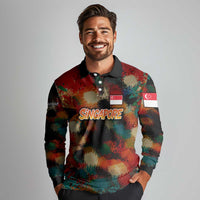 Singapore Merlion Long Sleeve Polo Shirt with Graffiti Art Style and National Flag