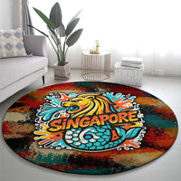 Singapore Merlion Round Carpet with Graffiti Art Style and National Flag