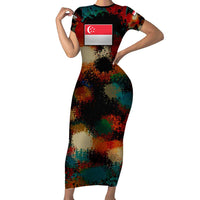 Singapore Merlion Short Sleeve Bodycon Dress with Graffiti Art Style and National Flag
