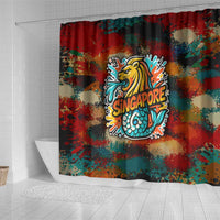 Singapore Merlion Shower Curtain with Graffiti Art Style and National Flag