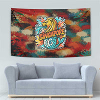 Singapore Merlion Tapestry with Graffiti Art Style and National Flag