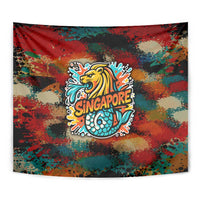 Singapore Merlion Tapestry with Graffiti Art Style and National Flag