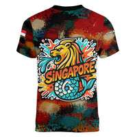 Singapore Merlion Women V-Neck T-Shirt with Graffiti Art Style and National Flag