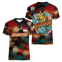 Singapore Merlion Women V-Neck T-Shirt with Graffiti Art Style and National Flag