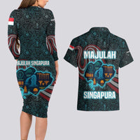 Singapore Couples Matching Long Sleeve Bodycon Dress and Hawaiian Shirt with National Icons and Majulah Singapura Script