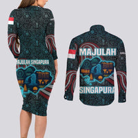 Singapore Couples Matching Long Sleeve Bodycon Dress and Long Sleeve Button Shirt with National Icons and Majulah Singapura Script