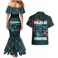 Singapore Couples Matching Mermaid Dress and Hawaiian Shirt with National Icons and Majulah Singapura Script