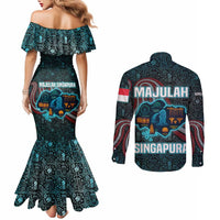 Singapore Couples Matching Mermaid Dress and Long Sleeve Button Shirt with National Icons and Majulah Singapura Script