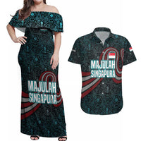 Singapore Couples Matching Off Shoulder Maxi Dress and Hawaiian Shirt with National Icons and Majulah Singapura Script