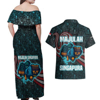 Singapore Couples Matching Off Shoulder Maxi Dress and Hawaiian Shirt with National Icons and Majulah Singapura Script