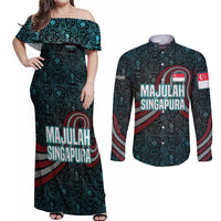 Singapore Couples Matching Off Shoulder Maxi Dress and Long Sleeve Button Shirt with National Icons and Majulah Singapura Script