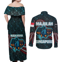 Singapore Couples Matching Off Shoulder Maxi Dress and Long Sleeve Button Shirt with National Icons and Majulah Singapura Script