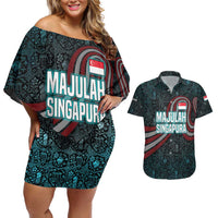 Singapore Couples Matching Off Shoulder Short Dress and Hawaiian Shirt with National Icons and Majulah Singapura Script