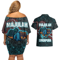 Singapore Couples Matching Off Shoulder Short Dress and Hawaiian Shirt with National Icons and Majulah Singapura Script