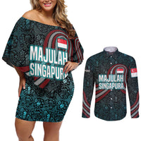 Singapore Couples Matching Off Shoulder Short Dress and Long Sleeve Button Shirt with National Icons and Majulah Singapura Script