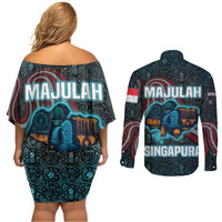 Singapore Couples Matching Off Shoulder Short Dress and Long Sleeve Button Shirt with National Icons and Majulah Singapura Script