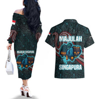 Singapore Couples Matching Off The Shoulder Long Sleeve Dress and Hawaiian Shirt with National Icons and Majulah Singapura Script