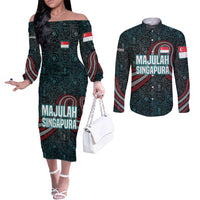 Singapore Couples Matching Off The Shoulder Long Sleeve Dress and Long Sleeve Button Shirt with National Icons and Majulah Singapura Script