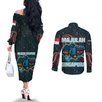 Singapore Couples Matching Off The Shoulder Long Sleeve Dress and Long Sleeve Button Shirt with National Icons and Majulah Singapura Script