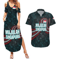 Singapore Couples Matching Summer Maxi Dress and Hawaiian Shirt with National Icons and Majulah Singapura Script