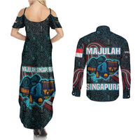 Singapore Couples Matching Summer Maxi Dress and Long Sleeve Button Shirt with National Icons and Majulah Singapura Script