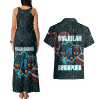 Singapore Couples Matching Tank Maxi Dress and Hawaiian Shirt with National Icons and Majulah Singapura Script