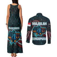 Singapore Couples Matching Tank Maxi Dress and Long Sleeve Button Shirt with National Icons and Majulah Singapura Script