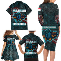 Singapore Family Matching Long Sleeve Bodycon Dress and Hawaiian Shirt with National Icons and Majulah Singapura Script