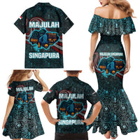 Singapore Family Matching Mermaid Dress and Hawaiian Shirt with National Icons and Majulah Singapura Script